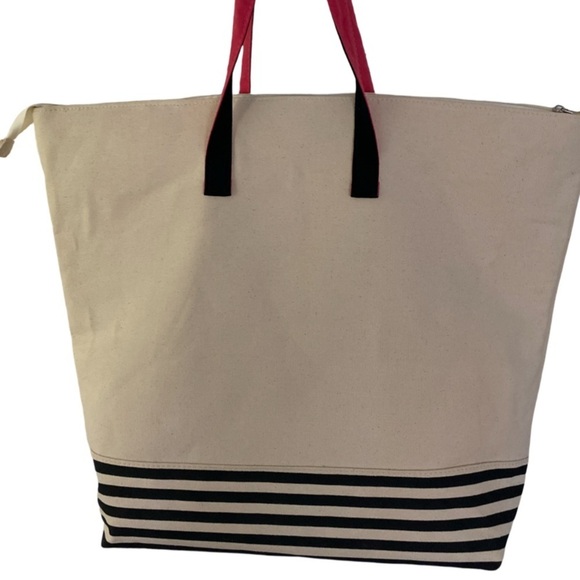 Kirklands Monagram K Tote Bag - 20x18x6 drop 8 , cream , pink , black striped - Picture 6 of 6